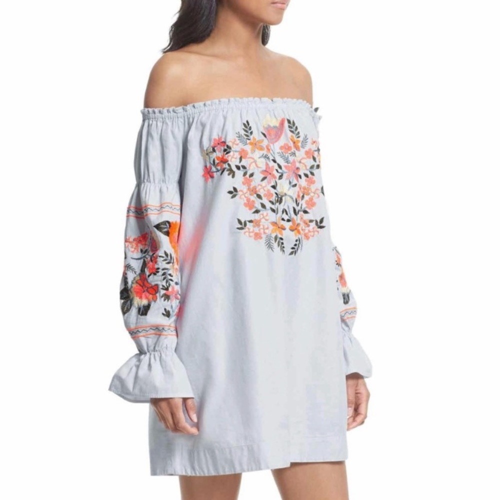 Free People Embroidered Off Shoulder Mini Dress